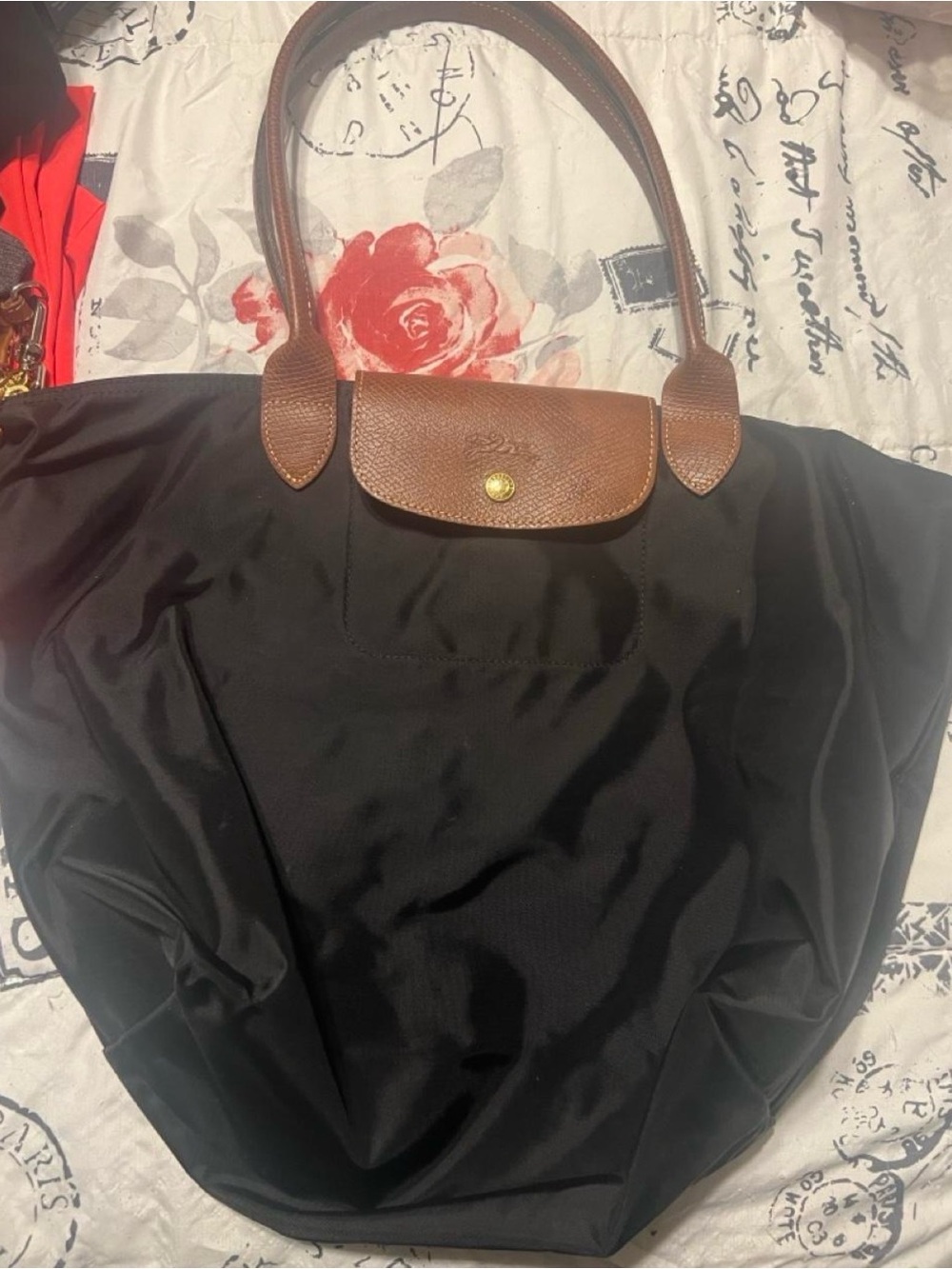 Longchamp Black Tote with Brown Leather Trim